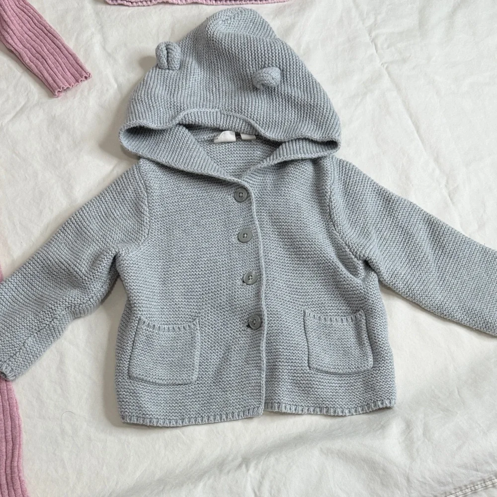GAP Pink Teddy Coat & Knit Set with Gray Hooded Cardigan